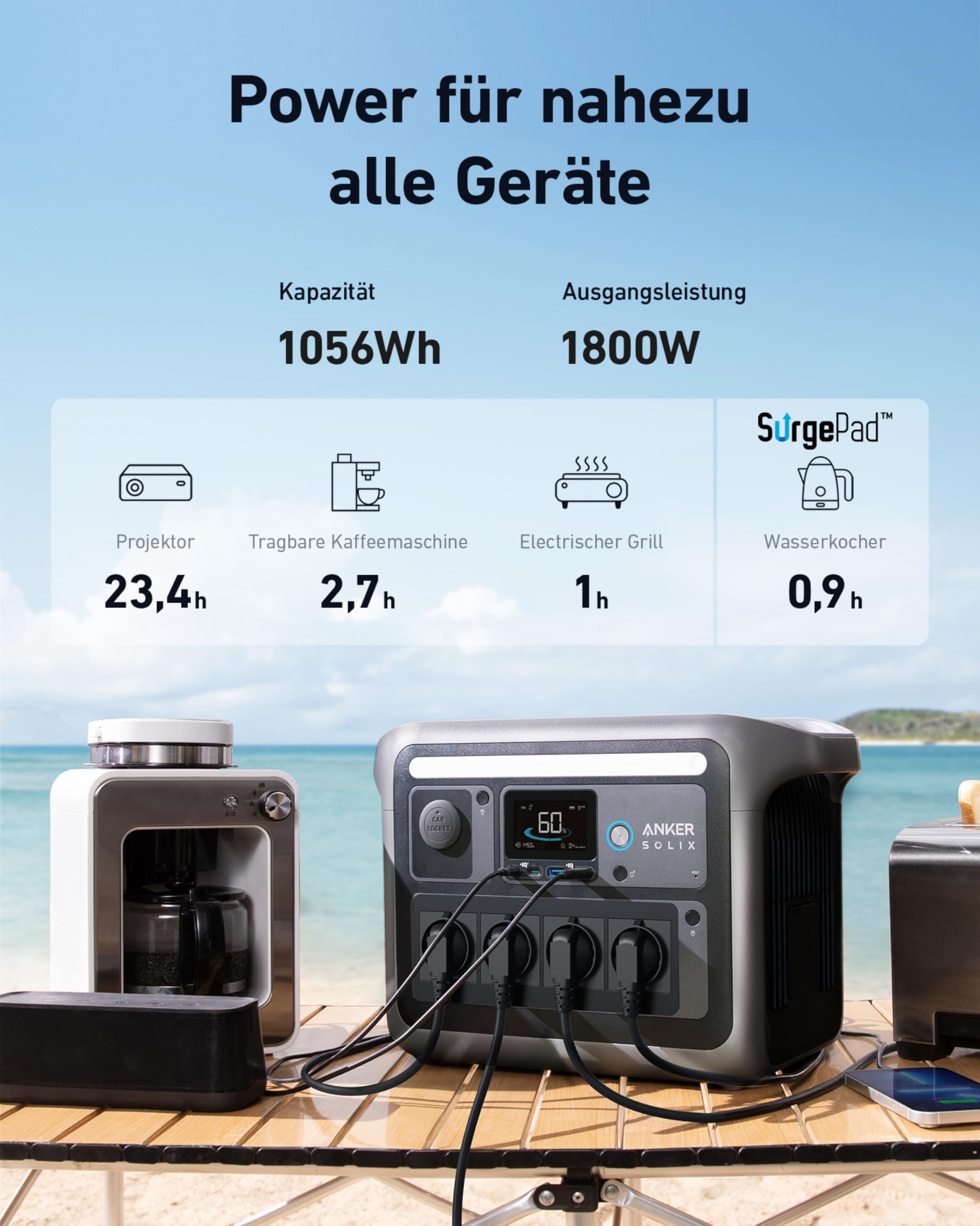 Anker SOLIX C1000 Tragbare Powerstation, LiFePO4, 1800W Solargenerator, 100% geladen in 58 Min. mit UltraFast Modus, LFP Powerstation für Outdoor, Camping und Stromreserve (Optionales Solarpanel)