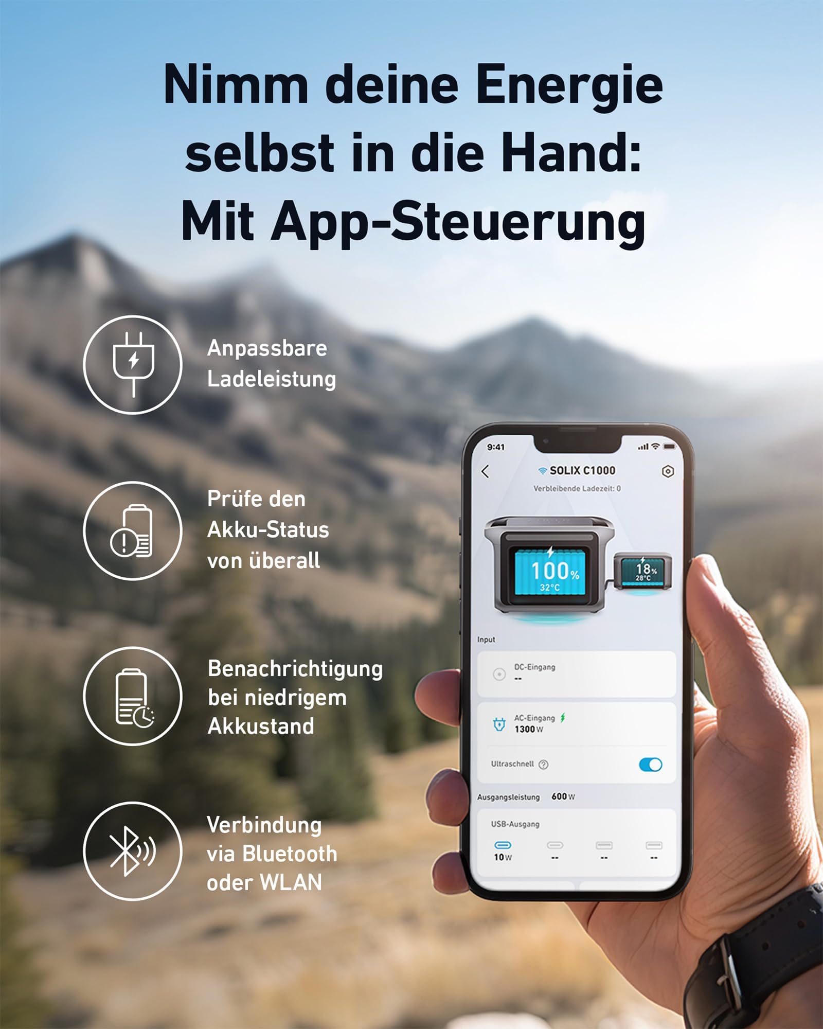 Anker SOLIX C1000 Tragbare Powerstation, LiFePO4, 1800W Solargenerator, 100% geladen in 58 Min. mit UltraFast Modus, LFP Powerstation für Outdoor, Camping und Stromreserve (Optionales Solarpanel)